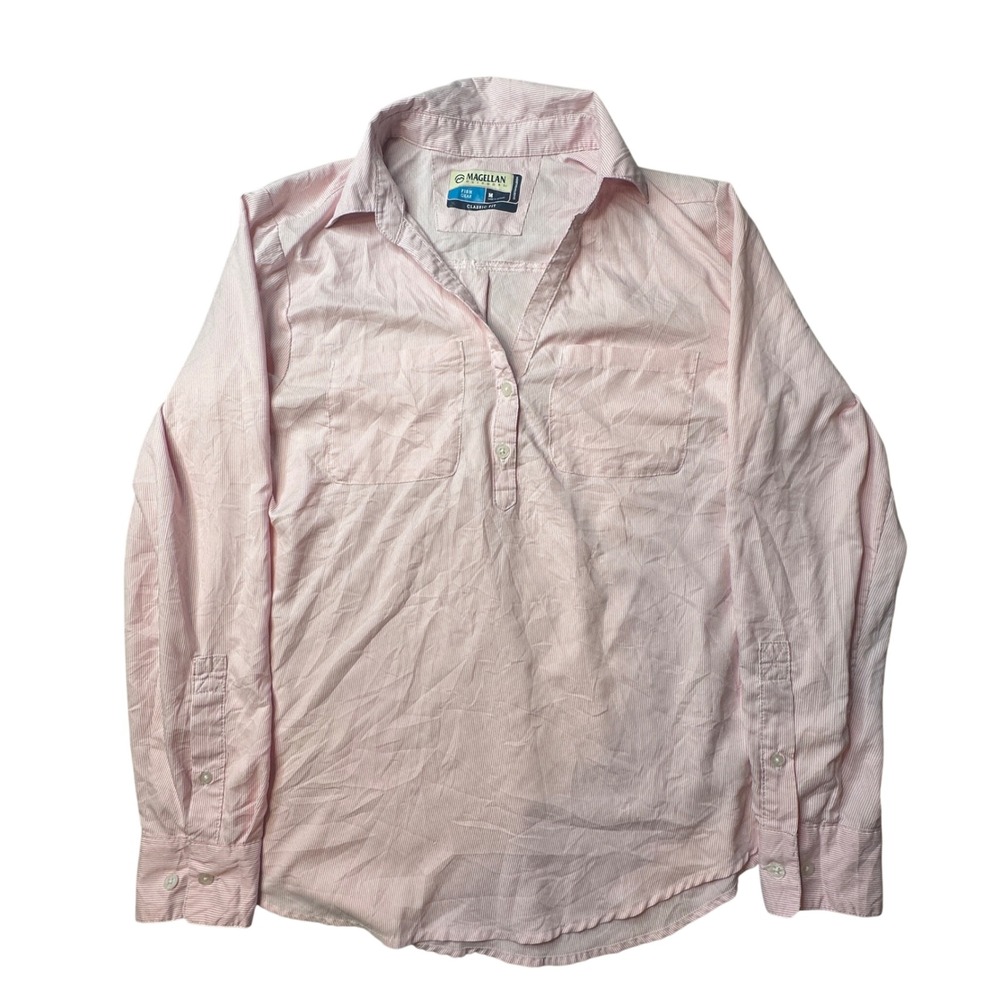 Magellan Shirt Womens M Pink Aransas Pass Fish Gear Moisture Wicking Striped Top